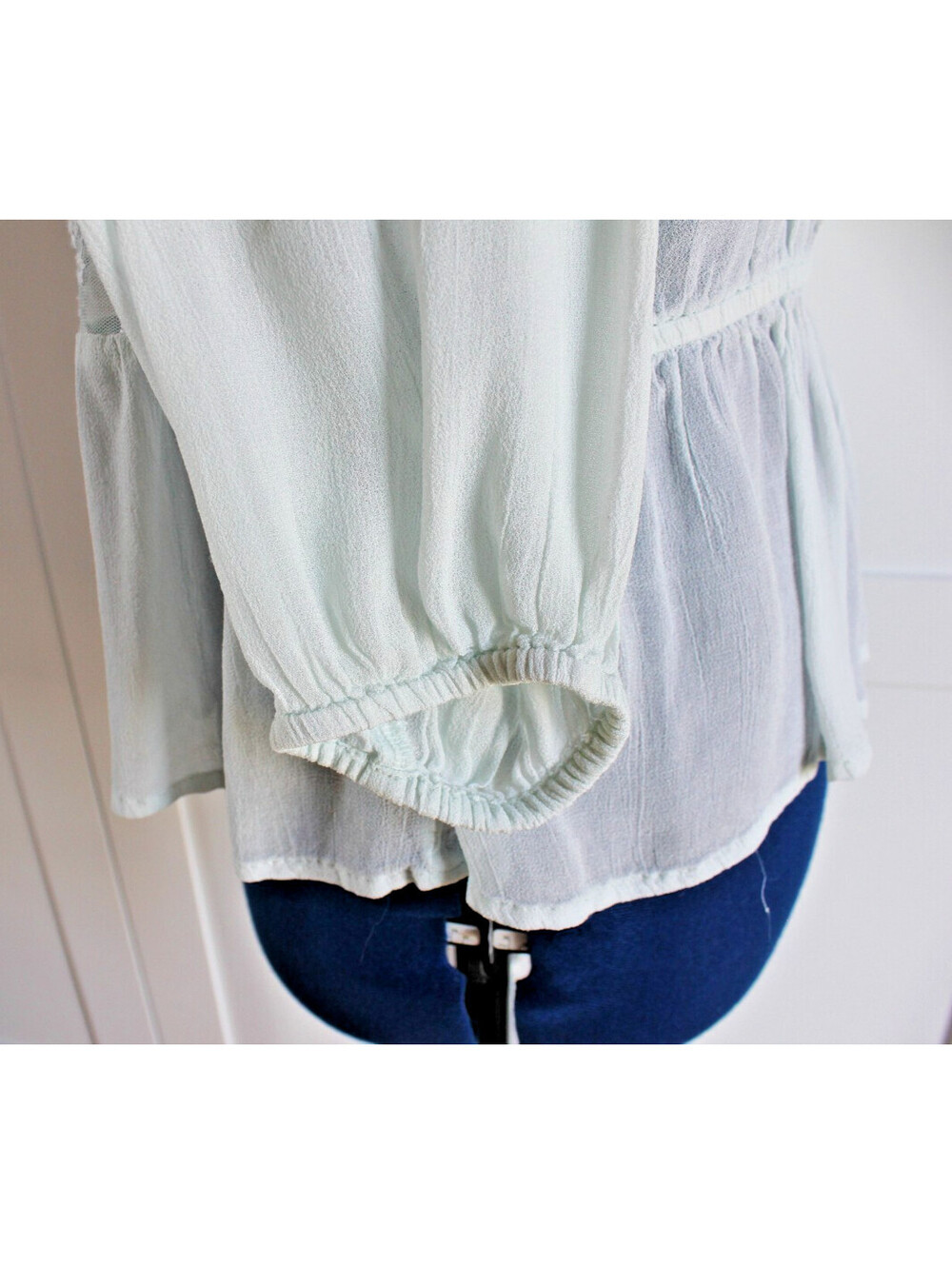 Vintage World Market Size S/M Mint Floral Lace Long Sleeve Button Up Blouse - Picture 7 of 14